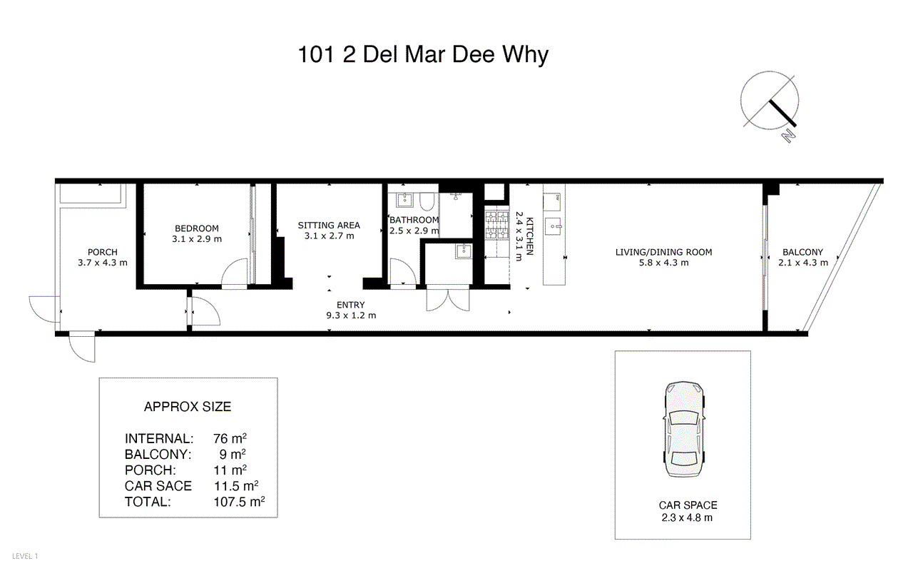 Floor plan for 1-bedroom unit at 101/2 Delmar Parade, Dee Why, NSW 2099, , New South Wales