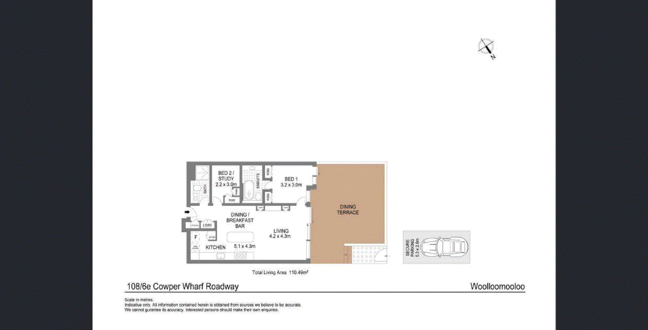 Floor plan for 2-bedroom unit at 108/6E Cowper Wharf Roadway, Woolloomooloo, NSW 2011, Sydney, New South Wales