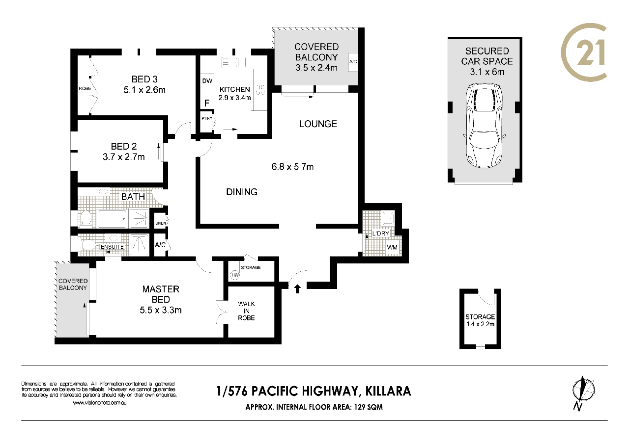 Floor plan for 3-bedroom unit at 1 576 Pacific Highway, Killara NSW 2071, Ku-Ring-Gai, New South Wales
