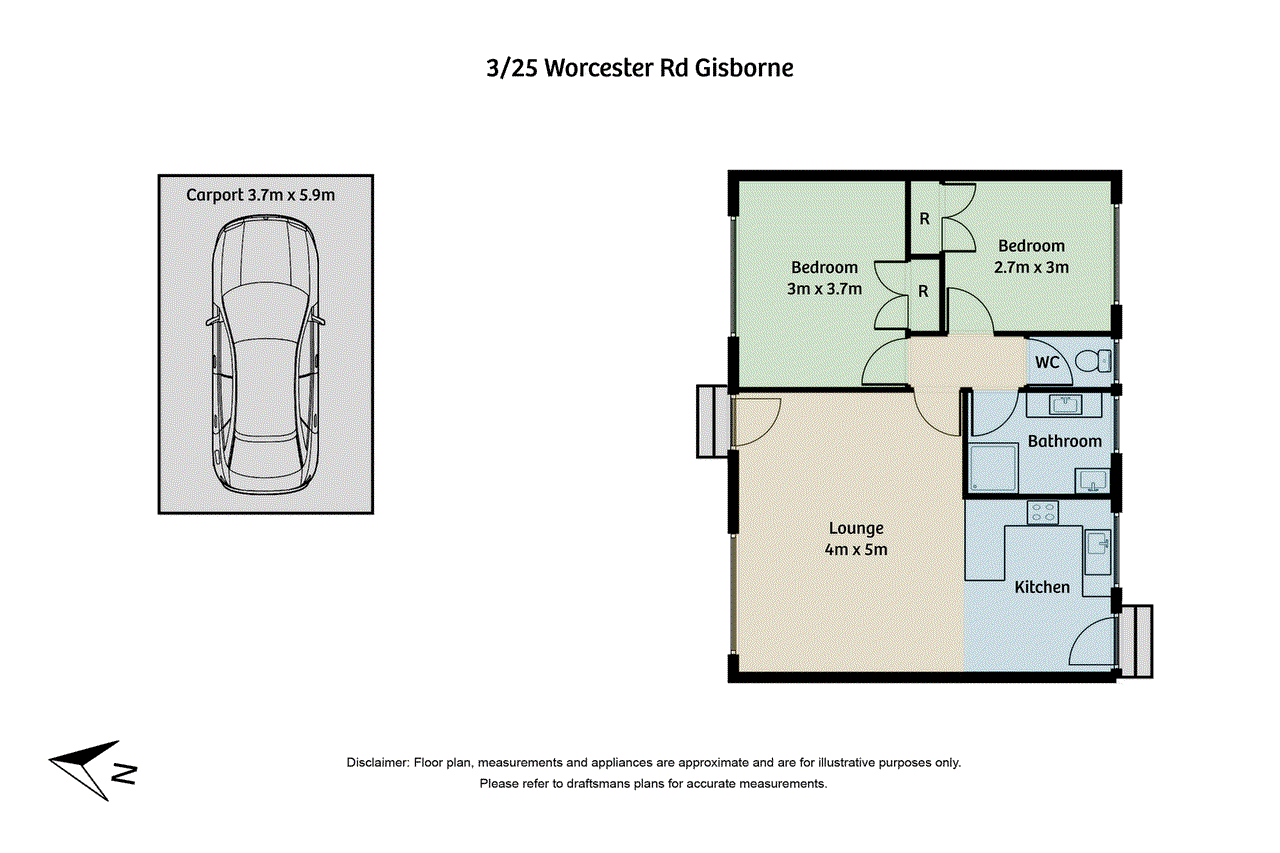 Floor plan for 2-bedroom unit at 3/25 Worcester Road, Gisborne, VIC 3437, Macedon Ranges, Victoria