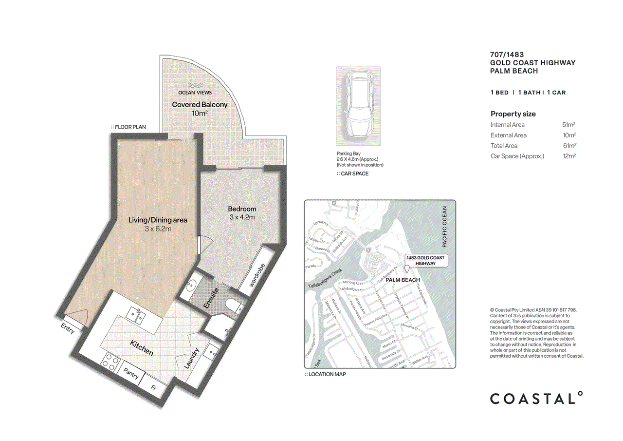 Floor plan for 1-bedroom unit at 707 1483 GOLD COAST HIGHWAY, PALM BEACH QLD 4221, , Queensland