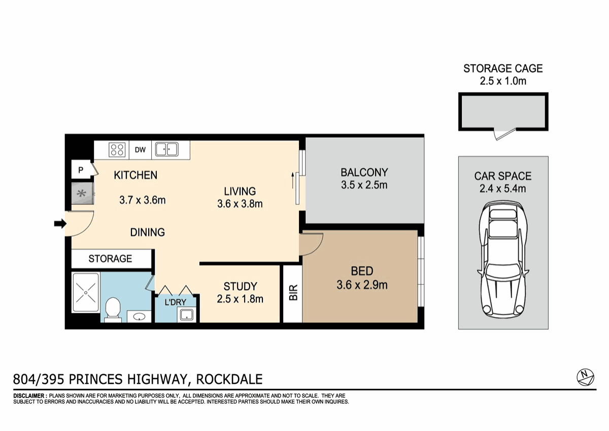Floor plan for 1-bedroom unit at 804 395 PRINCES HIGHWAY, ROCKDALE NSW 2216, , New South Wales
