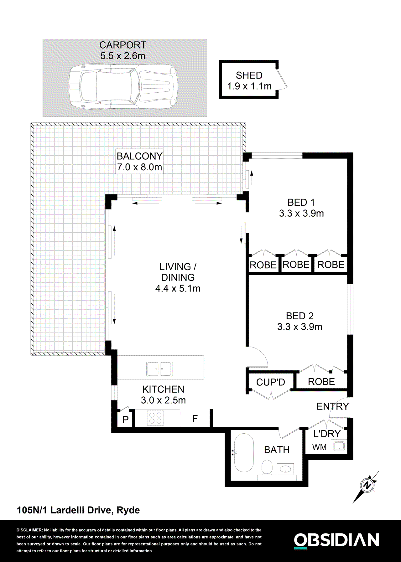 Floor plan for 2-bedroom unit at 105N 1 LARDELLI DRIVE, RYDE NSW 2112, Ryde, New South Wales
