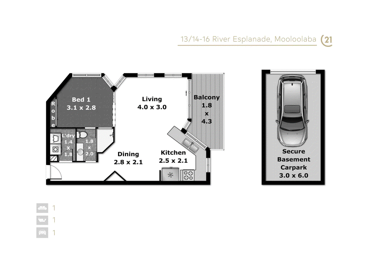 Floor plan for 1-bedroom unit at U13 14-16 River Esplanade, Mooloolaba QLD 4557, Sunshine Coast, Queensland